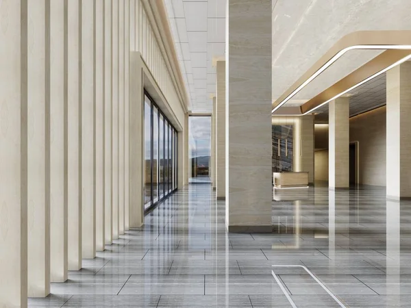 Sarı mermer sütun, gri mermer döşeme ve yüksek tavanlı iç koridorlar. 3B görüntüleme.