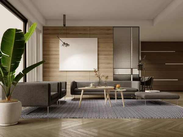 Contemporary style living room evening interior with wood panel wall with picture and fashionable furniture. 3D rendering.