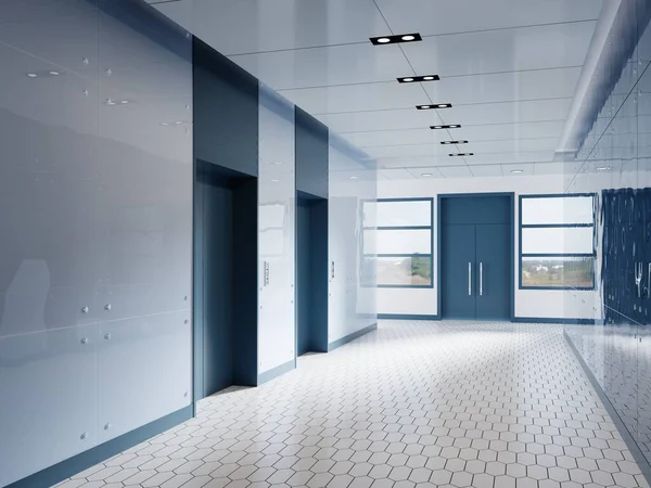Передпокій Офісної Будівлі Синіми Ліфтовими Дверима Синьою Скляною Стіною Підлогою — стокове фото