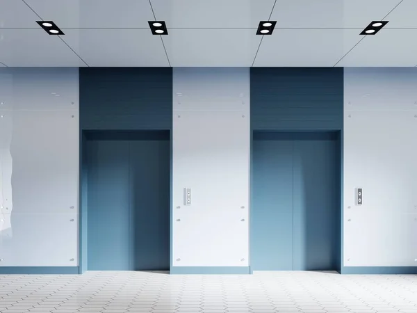 Duas Portas Elevador Corredor Vista Frontal Com Acentos Azuis Painéis — Fotografia de Stock