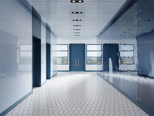Hall Entrada Edificio Oficinas Con Puertas Ascensor Azul Una Pared —  Fotos de Stock
