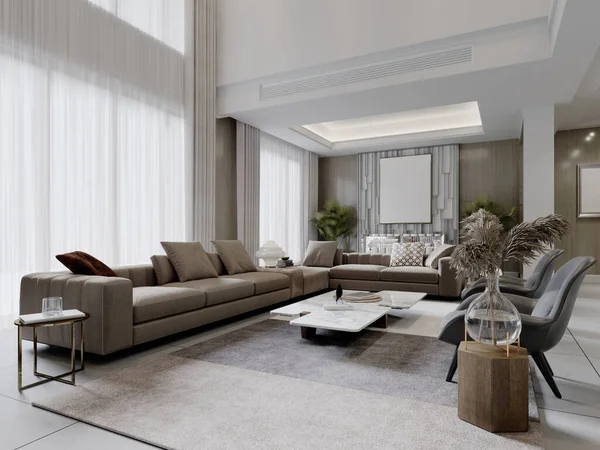 高い天井と流行の現代的な家具と明るい色の現代的なリビングルーム 3Dレンダリング — ストック写真