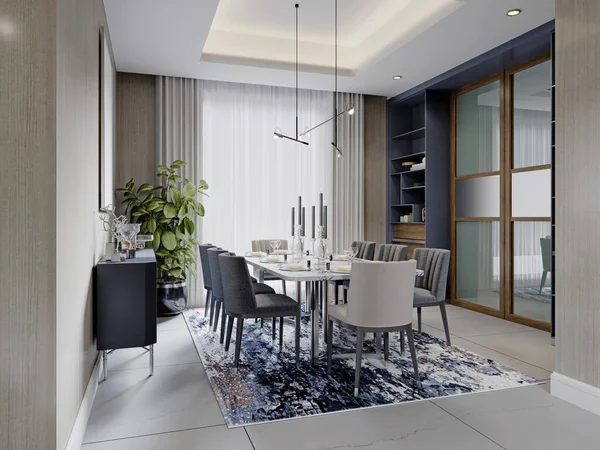 Modernes Esszimmer Mit Blauen Möbeln Und Einem Esstisch Mit Fleckenteppich — Stockfoto