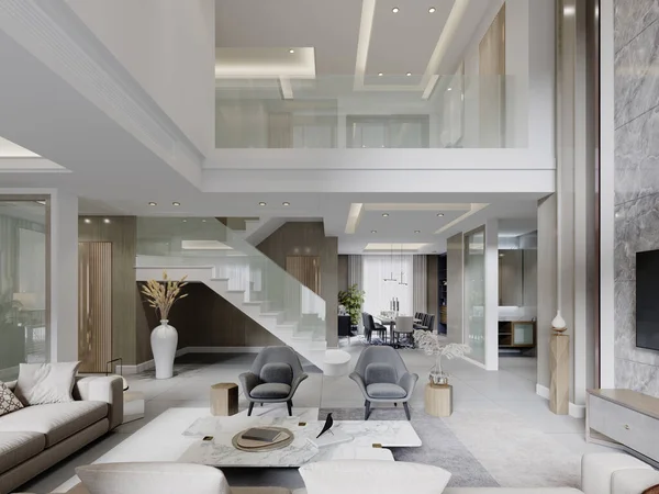 A two-level interior with high ceilings in a contemporary style with a living and dining area. 3d rendering.