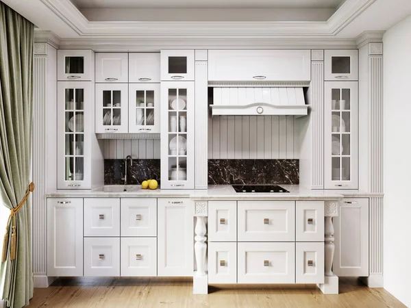 Pequeña Cocina Con Muebles Cocina Blancos Estilo Clásico Renderizado —  Fotos de Stock