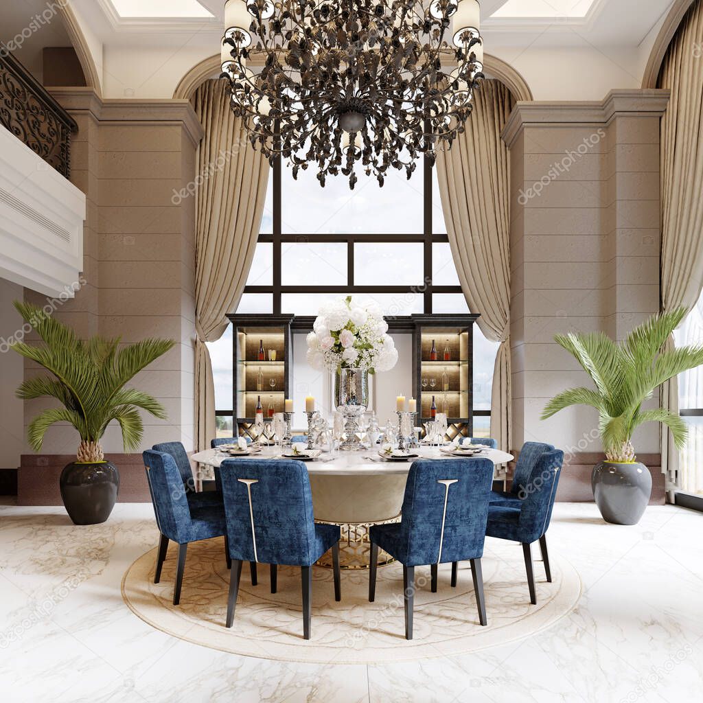 Large luxurious dining table in the large living room with high ceilings in a modern classic style with blue chairs and a white table. 3D rendering.