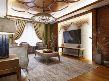 Konsol ve dekoratif ahşap duvarlı TV alanı Arasan tarzında. 3d oluşturma.