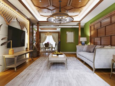 Konsol ve dekoratif ahşap duvarlı TV alanı Arasan tarzında. 3d oluşturma.