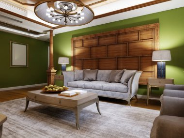 Yeşil duvarları ve yan masaları ve mavi lambaları olan oryantal mobilyaları olan Arapça bir iç mekan. 3d oluşturma.