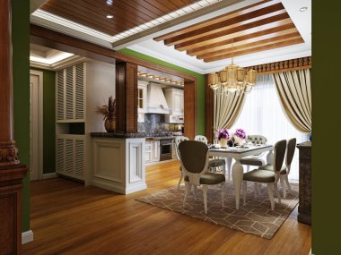 Beyaz mobilyaları, yeşil duvarları ve ahşap döşemeleriyle Arap tarzı mutfak ve yemek odası. 3d oluşturma.