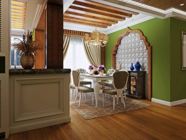 Duvara yaslanmış yeşil sandalyeli beyaz yemek masası. Arap alabalığı desenli ve ahşap çerçeveli. 3d oluşturma.