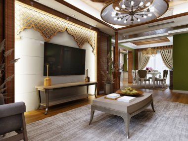 Konsol ve dekoratif ahşap duvarlı TV alanı Arasan tarzında. 3d oluşturma.