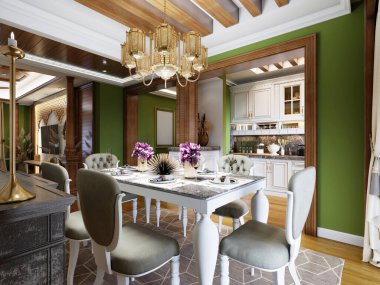 Beyaz mobilyaları, yeşil duvarları ve ahşap döşemeleriyle Arap tarzı mutfak ve yemek odası. 3d oluşturma.