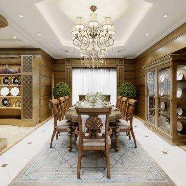 Ahşap duvarları ve ahşap yemek mobilyaları olan klasik tarzda lüks bir yemek odası. 3d oluşturma.