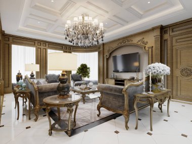 Kanepesi, koltuğu ve ahşap duvarları klasik tarzda oyulmuş TV alanı olan bir oda. 3d oluşturma.