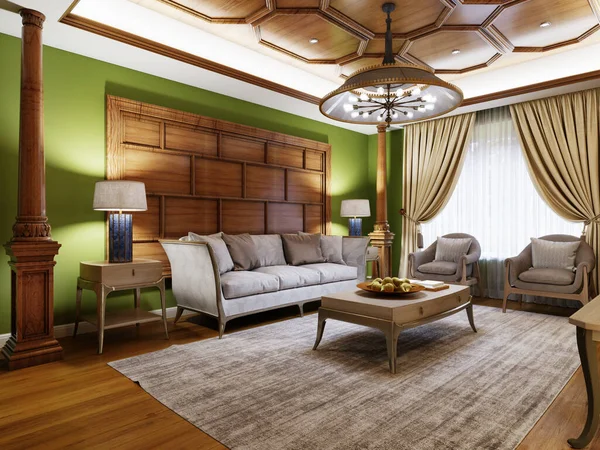 Ruang Tamu Dengan Gaya Oriental Modern Dengan Dinding Hijau Dan — Stok Foto