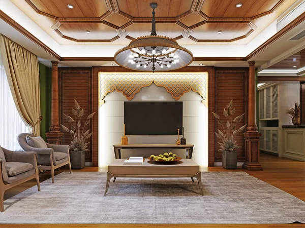 Konsol ve dekoratif ahşap duvarlı TV alanı Arasan tarzında. 3d oluşturma.