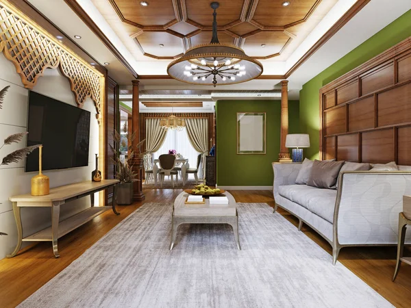 Konsol ve dekoratif ahşap duvarlı TV alanı Arasan tarzında. 3d oluşturma.