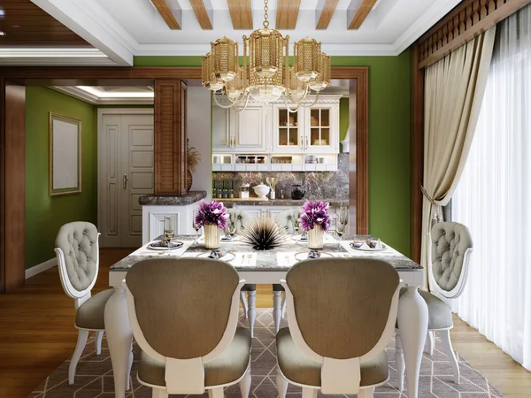 Arabic Style Kitchen Dining Room White Furnishings Green Walls Wood — Stock Photo, Image