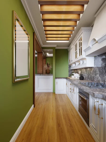 Белая Кухонная Мебель Интерьере Кухни Арабском Стиле Зелеными Стенами Подсветкой — стоковое фото