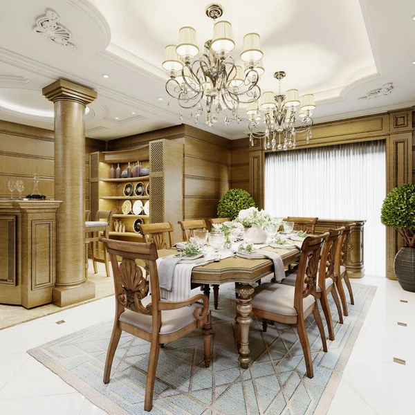 Lussuoso Interno Della Sala Pranzo Stile Classico Con Pareti Legno — Foto Stock