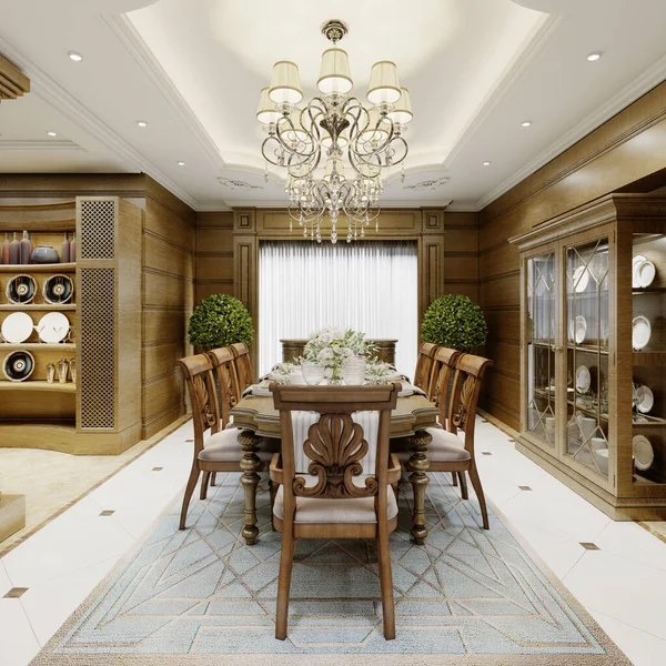 Ahşap duvarları ve ahşap yemek mobilyaları olan klasik tarzda lüks bir yemek odası. 3d oluşturma.