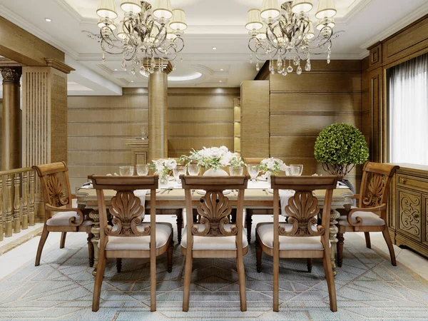 Ahşap duvarları ve ahşap yemek mobilyaları olan klasik tarzda lüks bir yemek odası. 3d oluşturma.