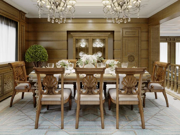 Ahşap duvarları ve ahşap yemek mobilyaları olan klasik tarzda lüks bir yemek odası. 3d oluşturma.