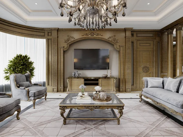 Televizyon kanalı, klasik oturma alanı ve sütunlu ahşap panelli duvarları var. 3d oluşturma.