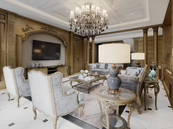 Kanepesi, koltuğu ve ahşap duvarları klasik tarzda oyulmuş TV alanı olan bir oda. 3d oluşturma.