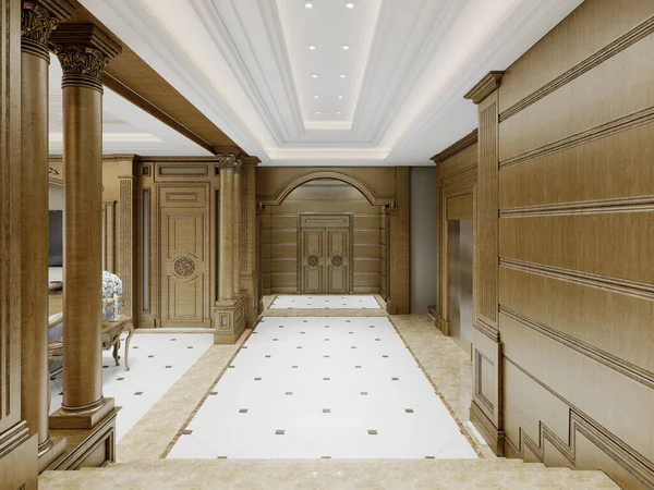床にアーチと白いタイルと木製の壁や列と古典的なスタイルの大ホールの廊下 3Dレンダリング — ストック写真