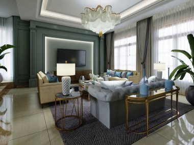 Sarı kanepeleri, yeşil duvarları ve ışıklı bir yuvası olan bir televizyon odası. 3B görüntüleme.