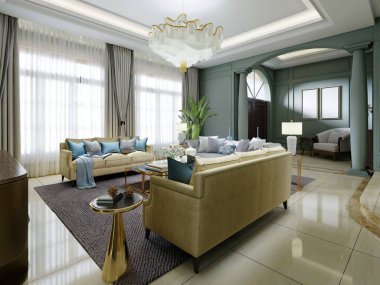 Koyu yeşil duvarlı oturma odası, sarı koltuklu sütunlar, televizyonlu oturma odası. 3B görüntüleme.