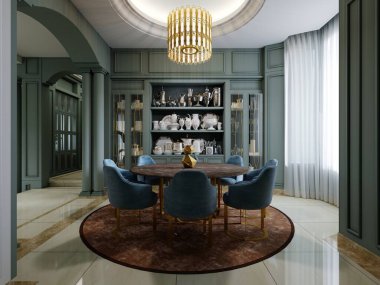 Mavi sandalyeli yuvarlak masalı yemek odası ve içinde çanak çömlekli raflar olan yeşil bir iç kısımda kahverengi halı. 3B görüntüleme.