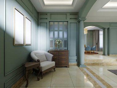 Giriş salonunda bir koltuk, bir masa ve yeşil bir iç mekan olan çekmeceler klasik tarzda. 3B görüntüleme.