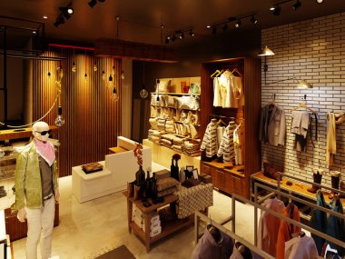 Modern tarzda bir giysi ve ayakkabı mağazası tasarımı akşam aydınlatmasında mankenler. 3B görüntüleme.