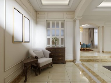 Giriş salonu klasik tarzda, çekmeceleri ahşap ve sehpası olan kolay bir sandalyeyle. 3B görüntüleme.