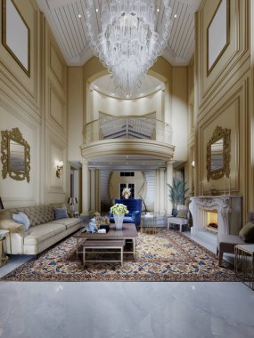 Çok lüks bir oturma odası. Klasik bir tarzı var. Tavanı yüksek, mobilyaları mavi koltukları ve sarı bir koltuğu var. 3B görüntüleme.