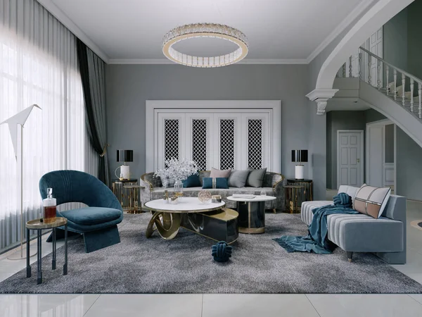 Modern classic living room interior with built-in white wardrobe and gray walls with golden side tables. 3d rendering.