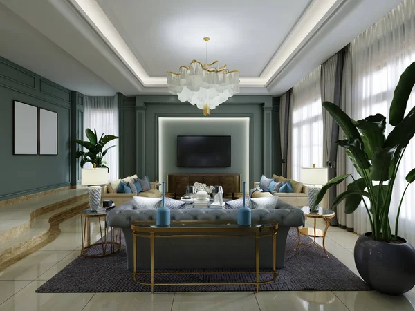 Familienzimmer Mit Einem Bereich Mit Gelben Sofas Und Grünen Wänden — Stockfoto