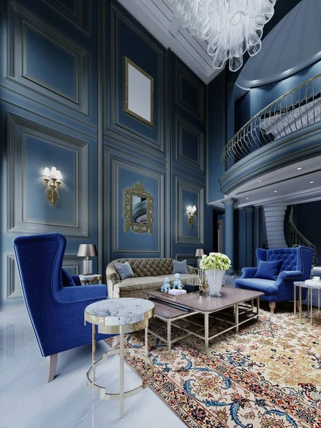 Enorme Interior Clásico Zona Estar Con Paredes Color Azul Oscuro —  Fotos de Stock