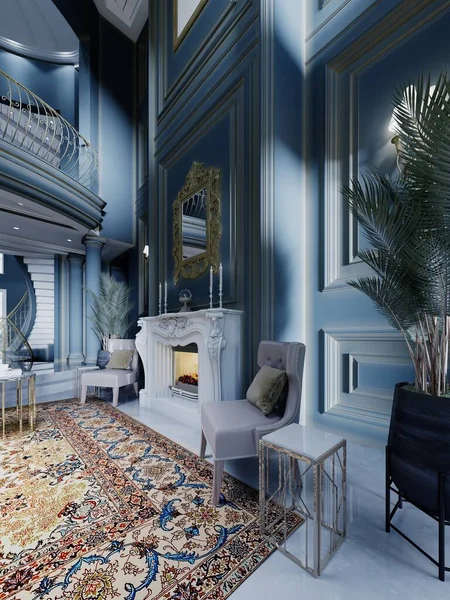 Fireplace area with a white stone fireplace with two leather chairs and large houseplants in a classic dark blue interior. 3D rendering.