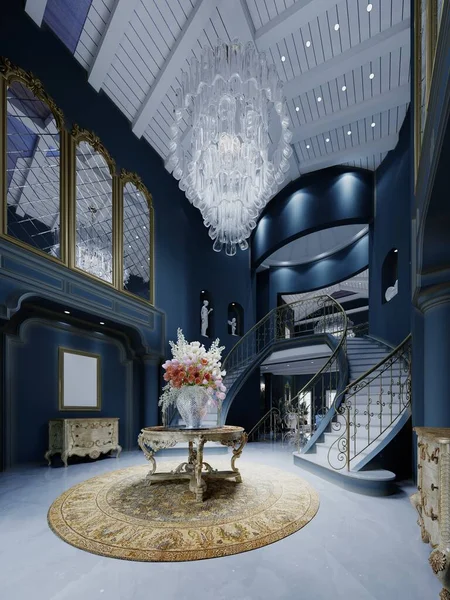 Foyer entrance hall with a carved table with a bouquet in the center with a large crystal chandelier in a classic interior with dark blue walls. 3D rendering.