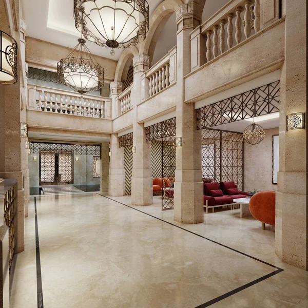 Hall Hôtel Luxe Style Arabe Avec Hauts Plafonds Des Colonnes — Photo