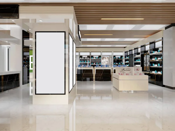 Interior design of a perfumery and cosmetics store in white and black with golden elements. 3D rendering.