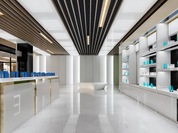 Interior design of a perfumery and cosmetics store in white and black with golden elements. 3D rendering.