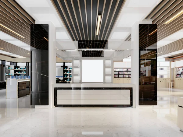 Design store entrance with cash desk counter for customer. 3D rendering.