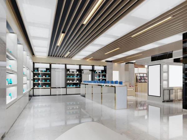 精品店和化妆品商店的室内设计为白色和黑色 带有金色元素 3D渲染 — 图库照片