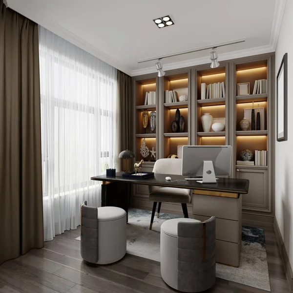 Office cabinet with cabinet shelves with office decor and work desk and two side chairs in contemporary style. 3D rendering.