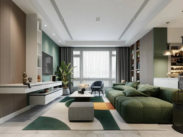 Contemporary living room with green walls and green elements in the interior and a green sofa and planks on the walls. 3D rendering.